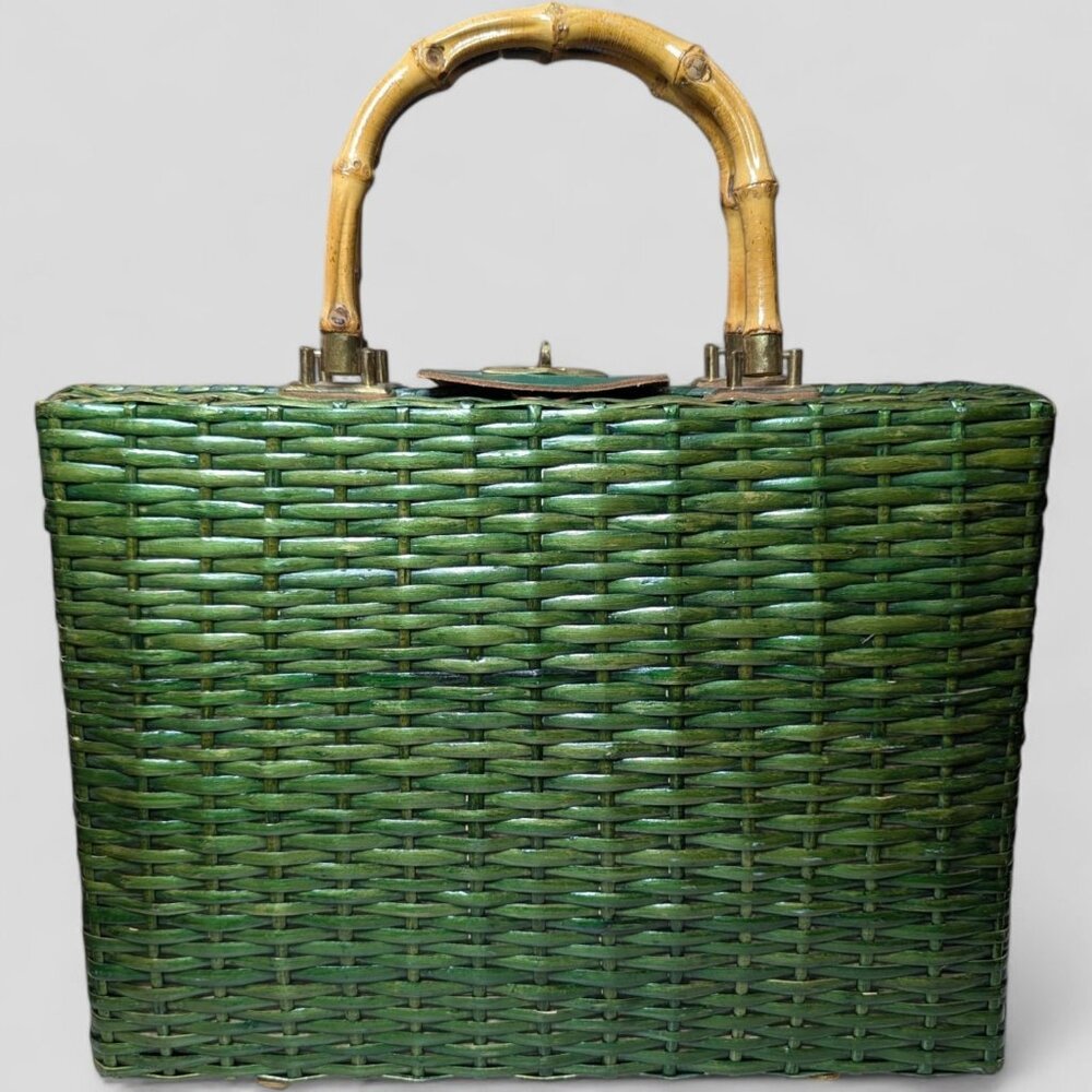 Vintage 1950’s tiki hawaiian Green Woven wicker Bamboo-Handle Satchel